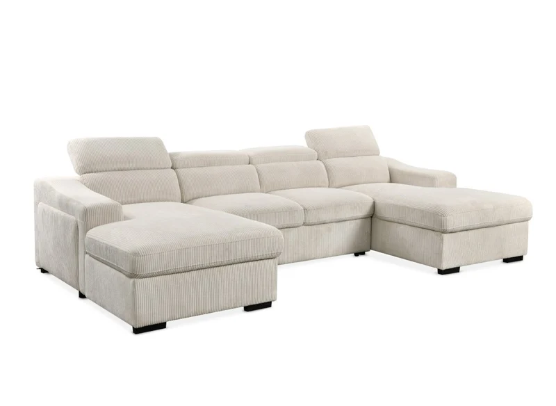 Canapé panoramique convertible avec 2 coffres en velours côtelé épais beige VELORA