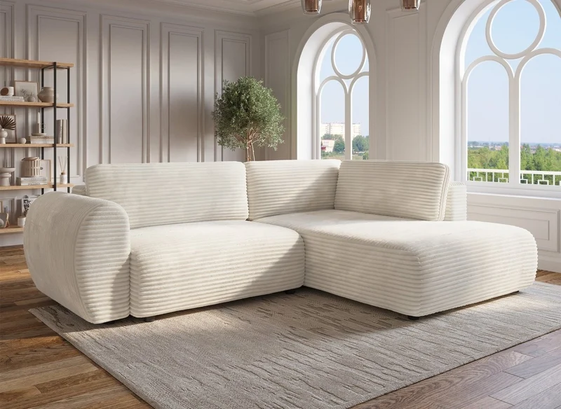 Canapé d'angle convertible avec méridienne et coffre en gros côtelé doux beige TILDA - Angle droit