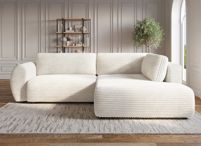 Canapé d'angle convertible avec méridienne et coffre en gros côtelé doux beige TILDA - Angle droit