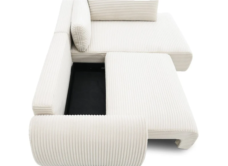 Canapé d'angle convertible avec méridienne et coffre en gros côtelé doux beige TILDA - Angle droit