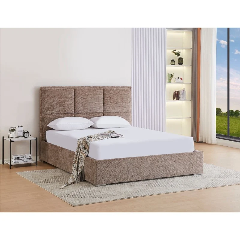 Lit double en tissu doux avec coffre rangement HAGA