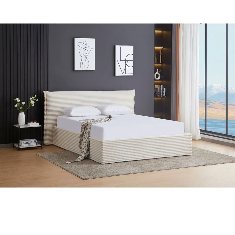Lit double en tissu doux avec coffre rangement Vito