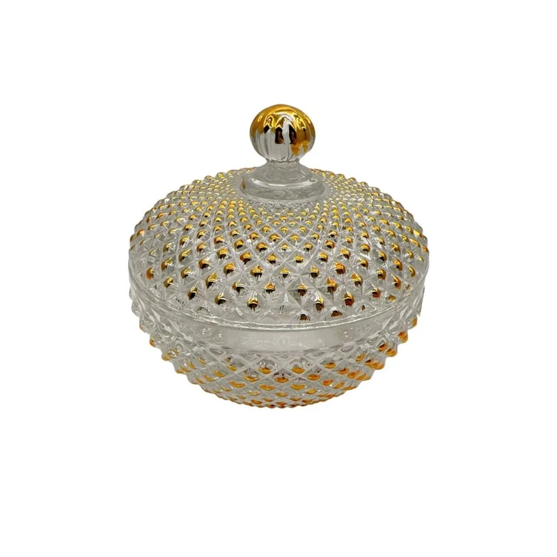 sucrier en verre transparent et dore, D9,1xH8,6 cm