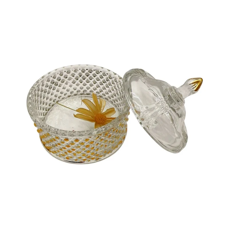 sucrier en verre transparent et dore, D10,3xH10,4 cm