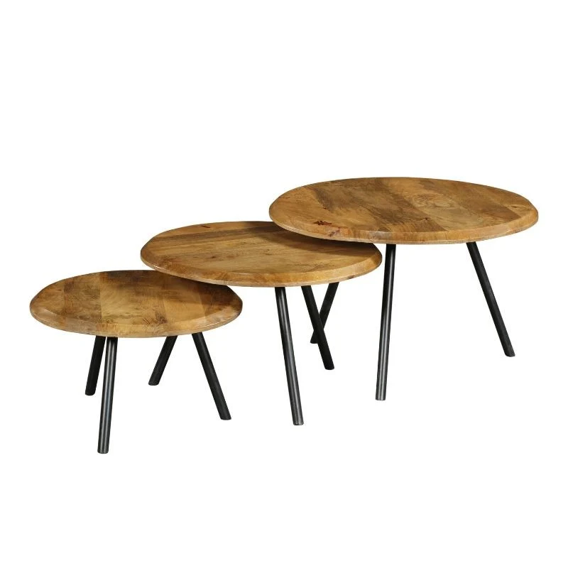 Set de 3 tables basses en bois de manguier, D60xH45cm, D50xH40cm, D40xH35cm