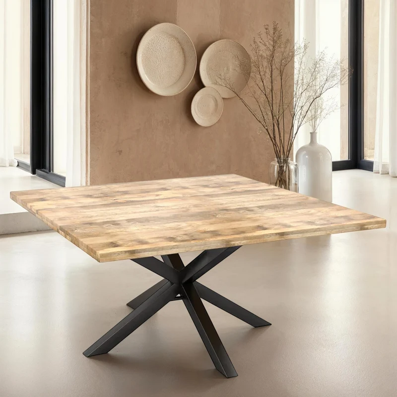 Table en bois de manguier carré pieds spider noir, 150x150xH76cm - FLAVIA