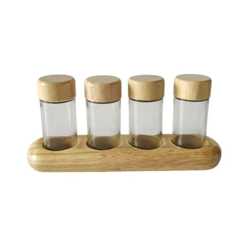 4 pots à épices avec support en bois, 90ML