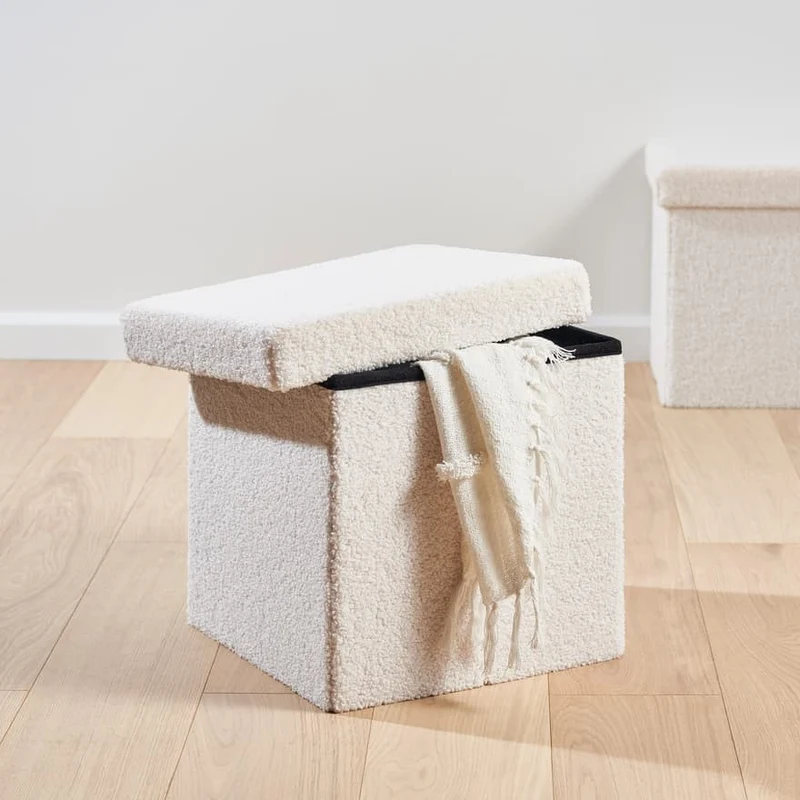 Pouf coffret de rangement pliable tissu bouclette, 38x38xH38cm - YANE