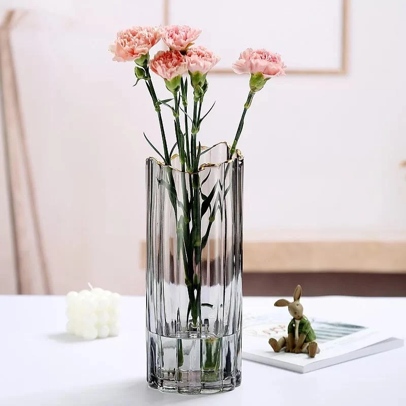 Vase en verre transparent avec bordure doré, D10xH25CM - ALI