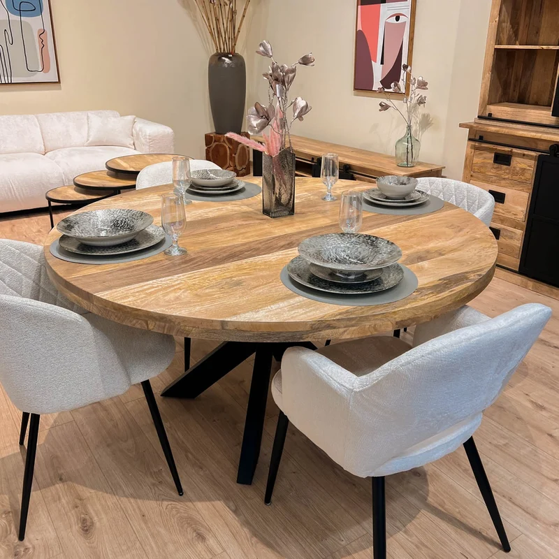 Grande Table à manger Ronde en bois massif- naturel/noir, EP4,5CM - FLAVIA
