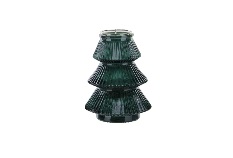 Bougeoir en verre en forme d'arbre de Noël avec photophore en métal argenté H16 cm