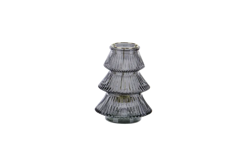 Lanterne en verre en forme de sapin de Noël avec photophore doré H16 cm