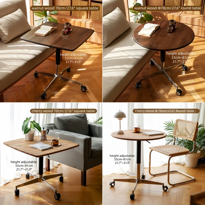 Table basse en bois massif à hauteur réglable avec roulettes universelles