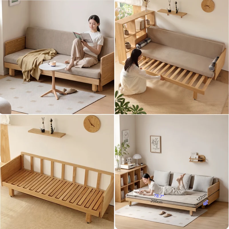 Canapé-lit tatami à cadre en bois massif Japandi