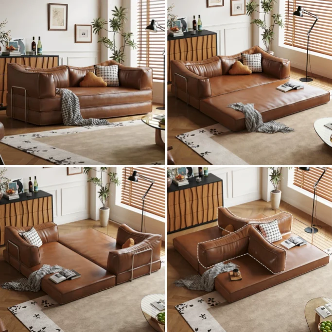 Canapé-lit modulaire sans ossature en cuir ciré à l'huile