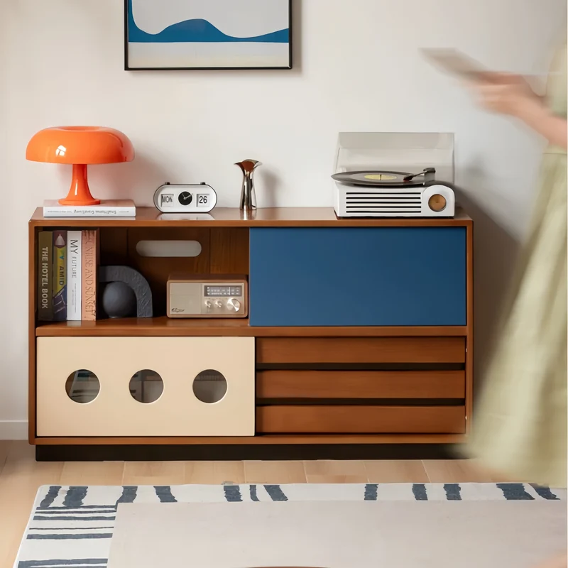 Meuble TV Japandi en buis massif avec porte coulissante et tiroirs