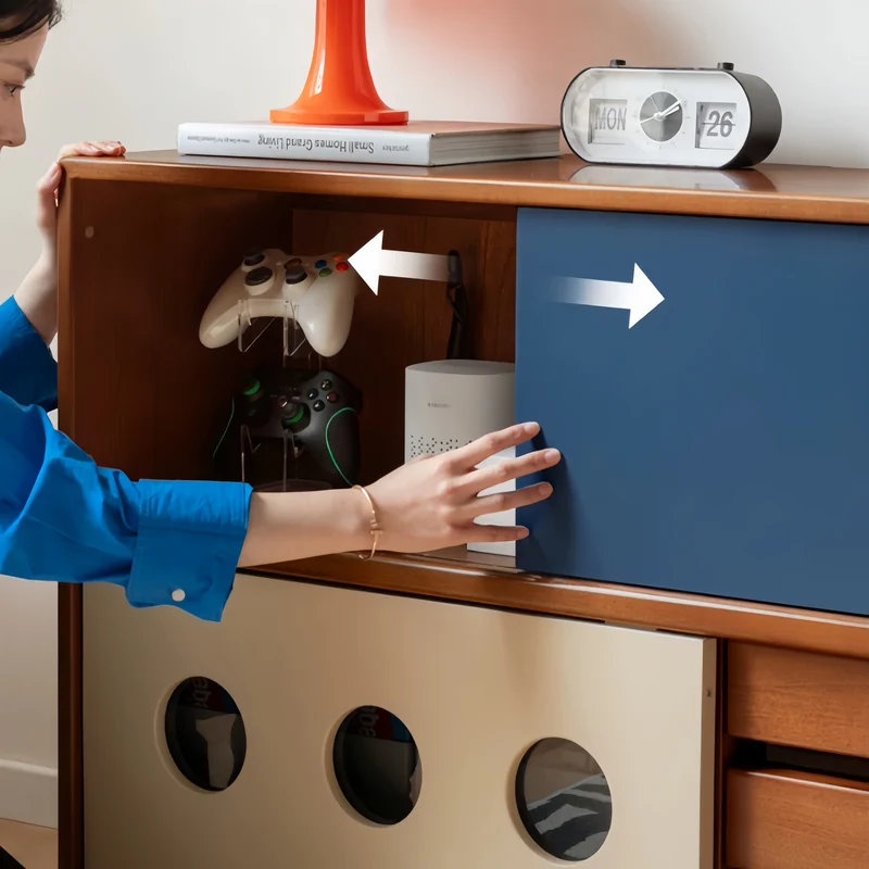 Meuble TV Japandi en buis massif avec porte coulissante et tiroirs