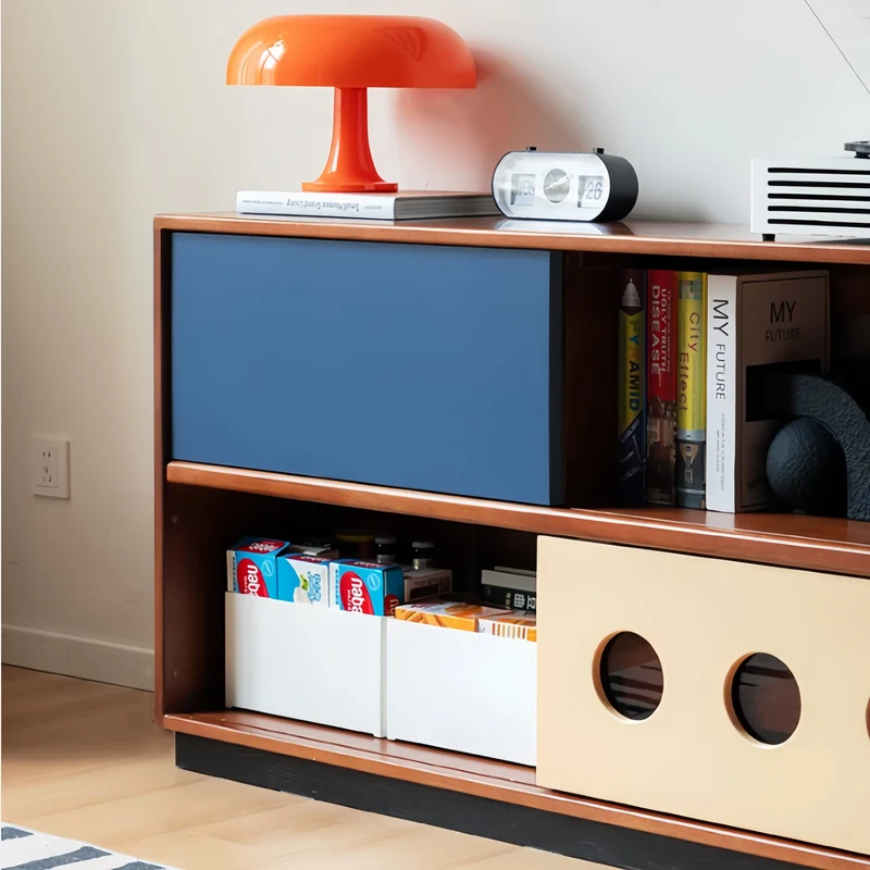 Meuble TV Japandi en buis massif avec porte coulissante et tiroirs