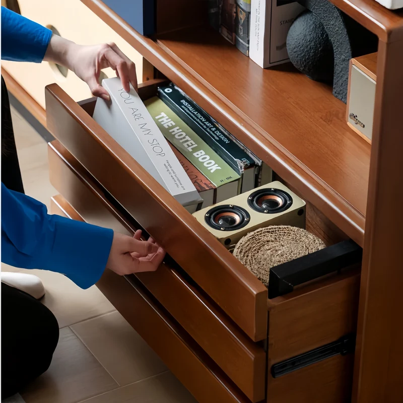 Meuble TV Japandi en buis massif avec porte coulissante et tiroirs