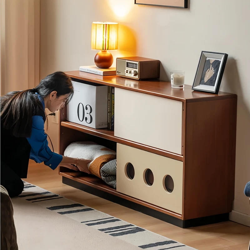 Meuble TV Japandi en buis massif avec porte coulissante et tiroirs