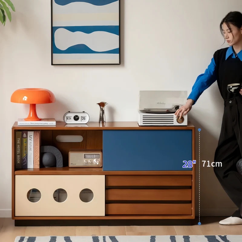 Meuble TV Japandi en buis massif avec porte coulissante et tiroirs