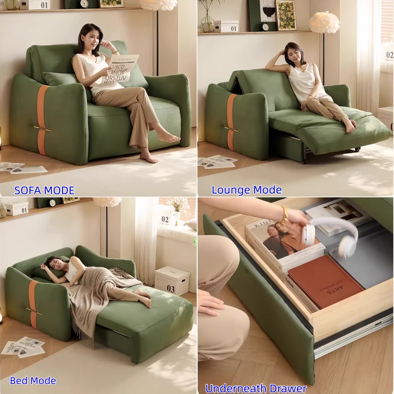 Canapé-lit moderne et minimaliste en tissu suédine microfibre avec télécommande et tiroir de rangement