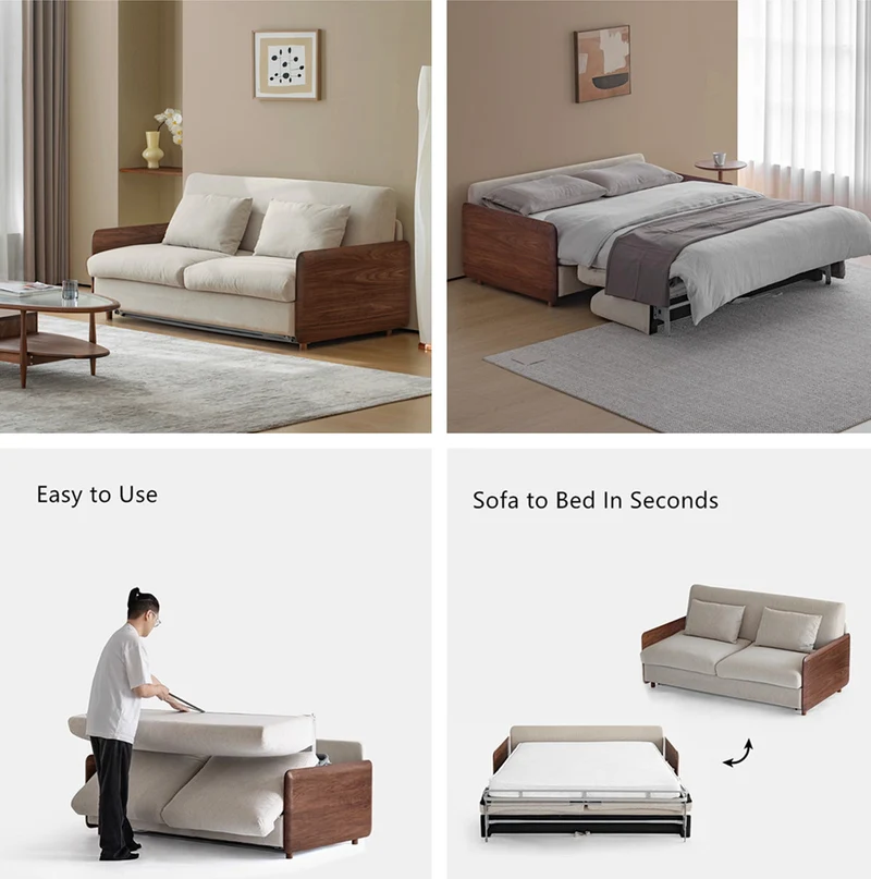 Canapé-lit de luxe en bois de noyer clair avec accoudoirs et matelas