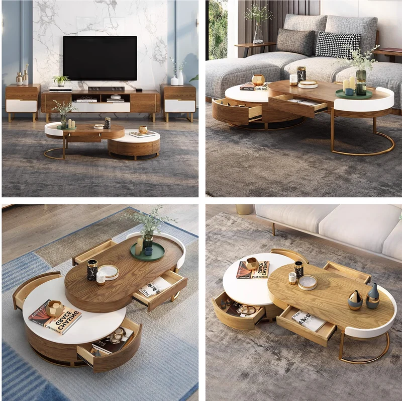 Table basse ronde de luxe moderne et légère de style nordique avec 4 tiroirs de rangement