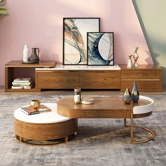 Table basse ronde de luxe moderne et légère de style nordique avec 4 tiroirs de rangement