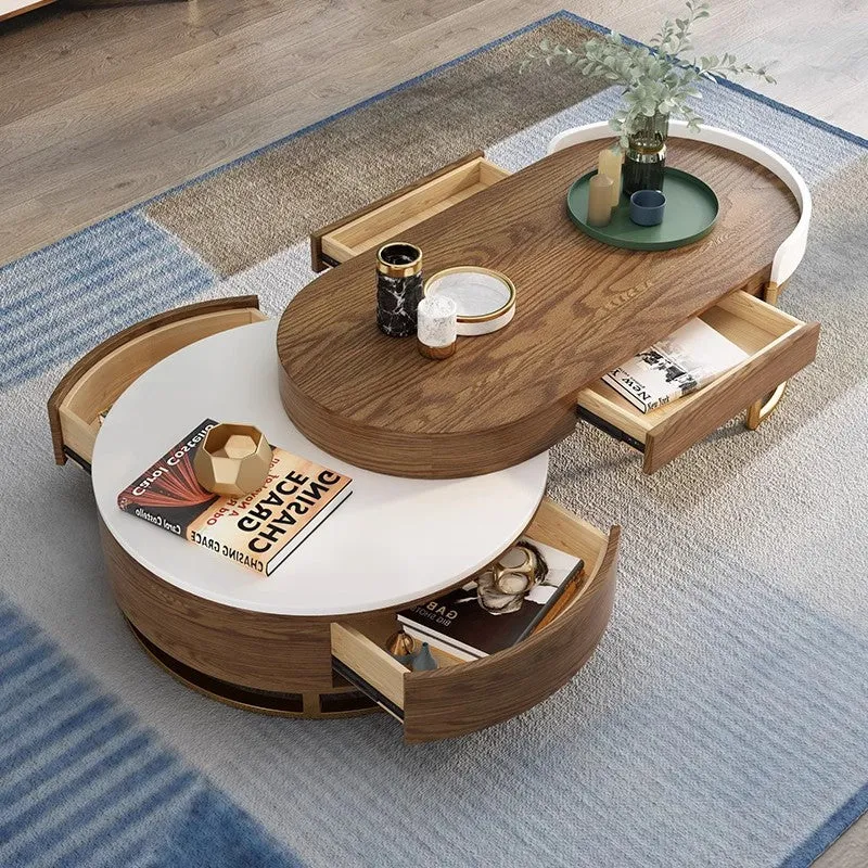Table basse ronde de luxe moderne et légère de style nordique avec 4 tiroirs de rangement