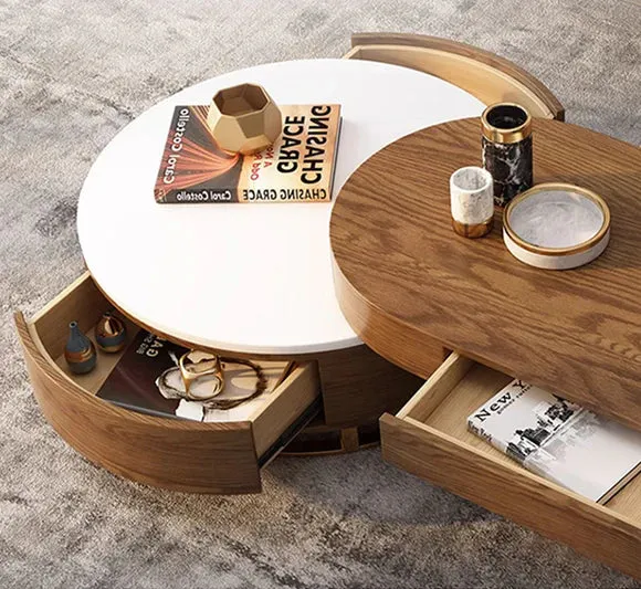 Table basse ronde de luxe moderne et légère de style nordique avec 4 tiroirs de rangement