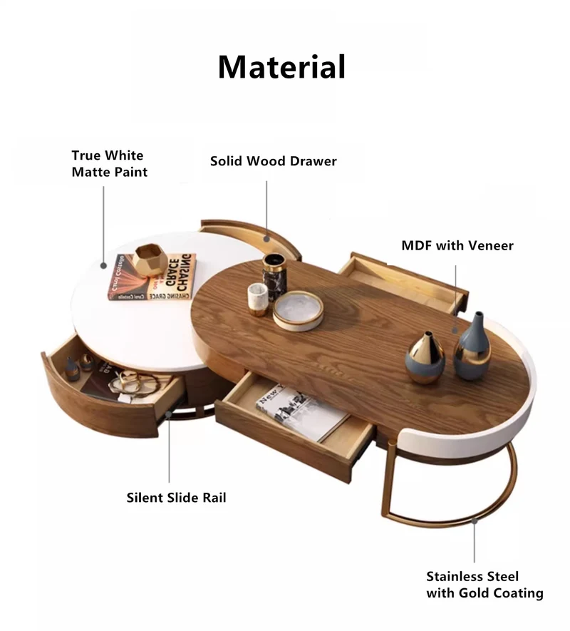 Table basse ronde de luxe moderne et légère de style nordique avec 4 tiroirs de rangement