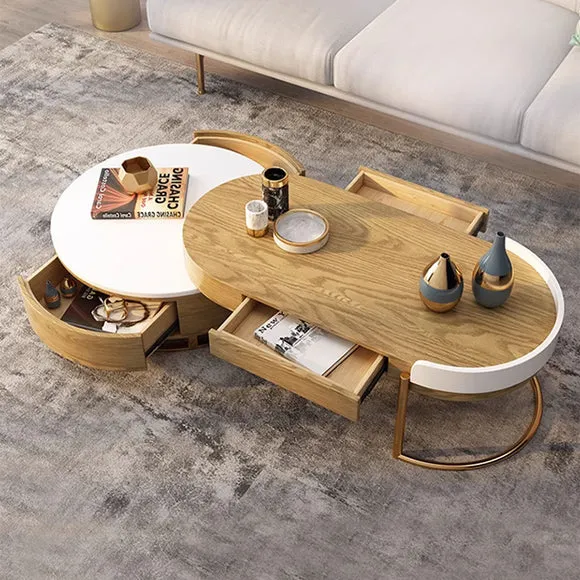 Table basse ronde de luxe moderne et légère de style nordique avec 4 tiroirs de rangement