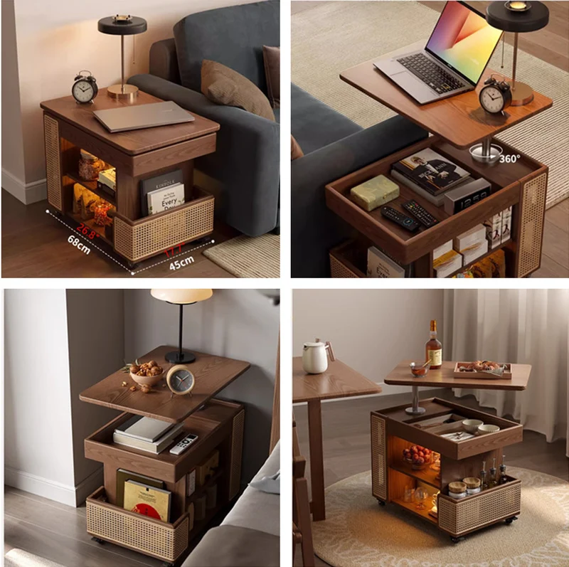 Table basse relevable en bois massif avec rangement et roulettes universelles