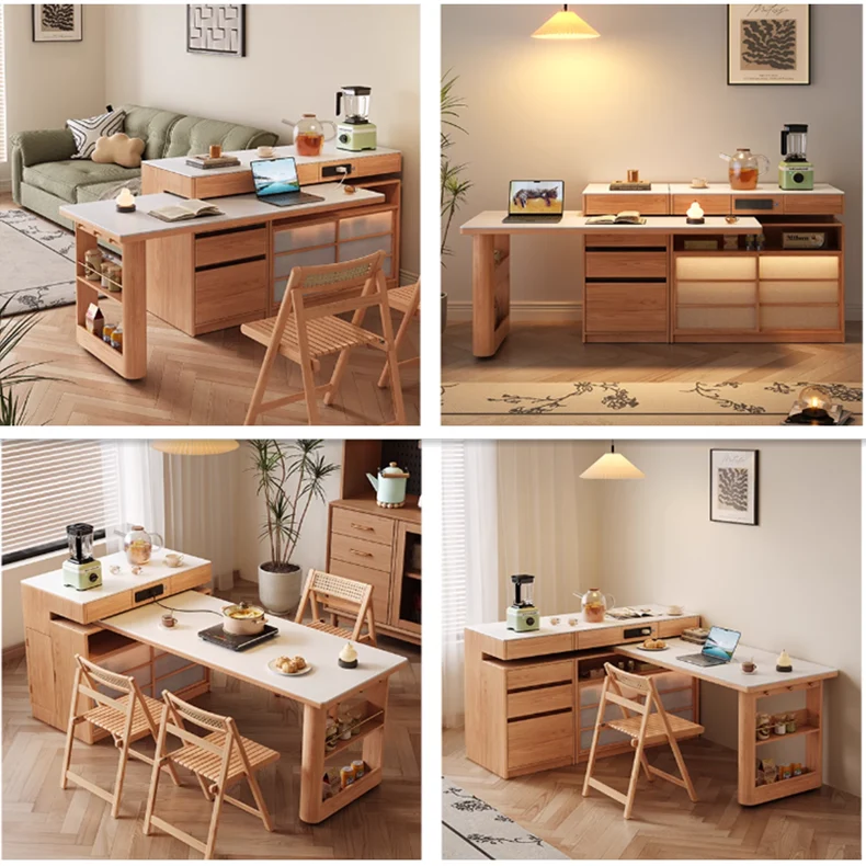 Table îlot rotative avec rangement pour chaises et buffet