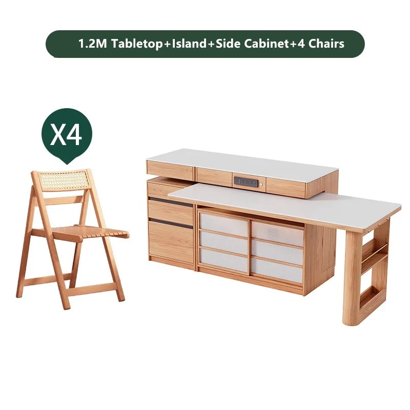 Table îlot rotative avec rangement pour chaises et buffet
