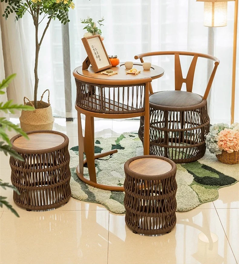 Chaises empilables de Table de corde tressée par PE de cadre en aluminium d'économie d'espace pour le jardin de balcon d'arrière-cour de porche