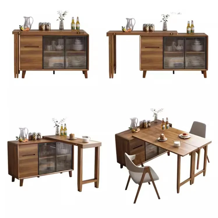Table à manger pliante et armoire en un avec portes coulissantes en verre et tiroirs de rangement