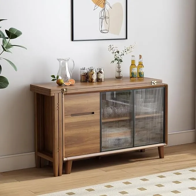 Table à manger pliante et armoire en un avec portes coulissantes en verre et tiroirs de rangement
