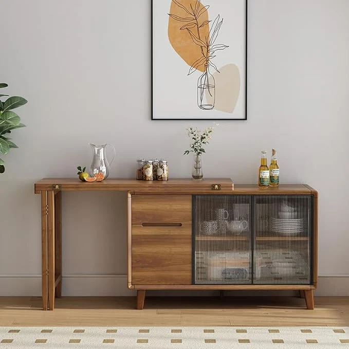 Table à manger pliante et armoire en un avec portes coulissantes en verre et tiroirs de rangement
