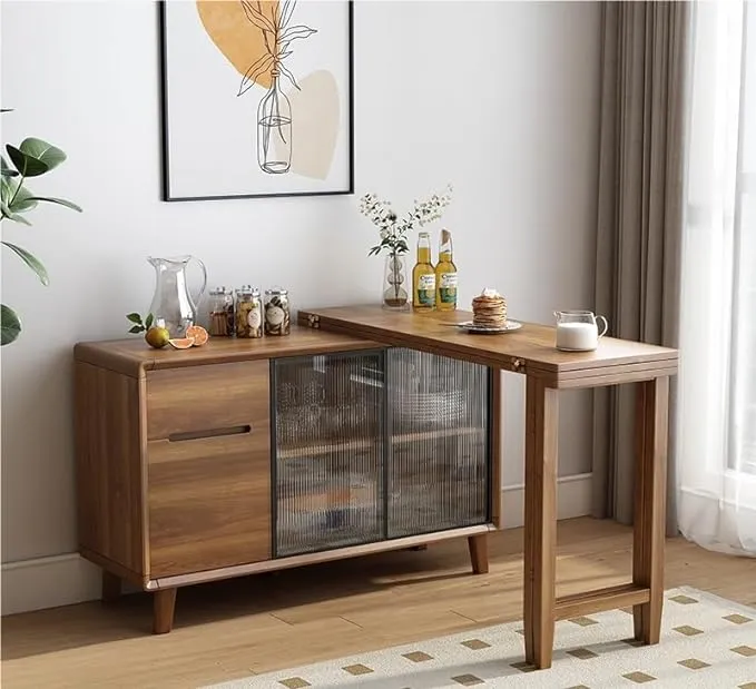 Table à manger pliante et armoire en un avec portes coulissantes en verre et tiroirs de rangement