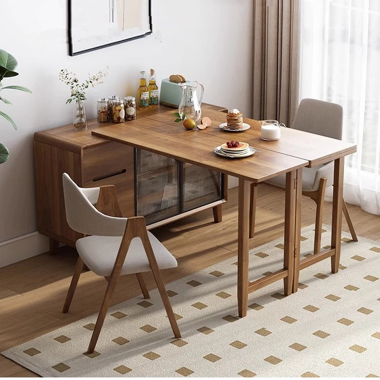 Table à manger pliante et armoire en un avec portes coulissantes en verre et tiroirs de rangement
