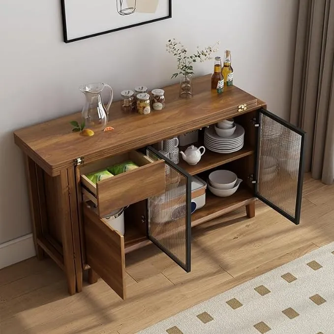 Table à manger pliante et armoire en un avec portes coulissantes en verre et tiroirs de rangement