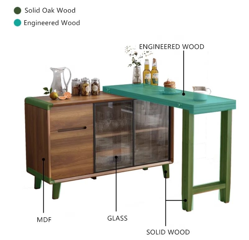 Table à manger pliante et armoire en un avec portes coulissantes en verre et tiroirs de rangement