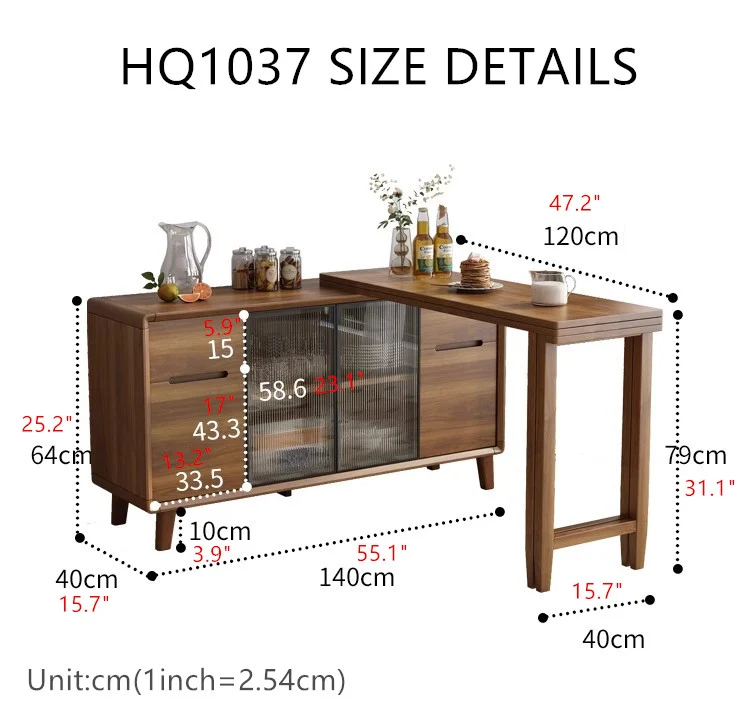 Table à manger pliante et armoire en un avec portes coulissantes en verre et tiroirs de rangement