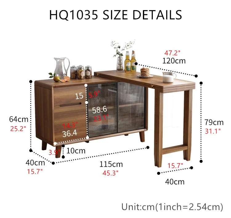Table à manger pliante et armoire en un avec portes coulissantes en verre et tiroirs de rangement