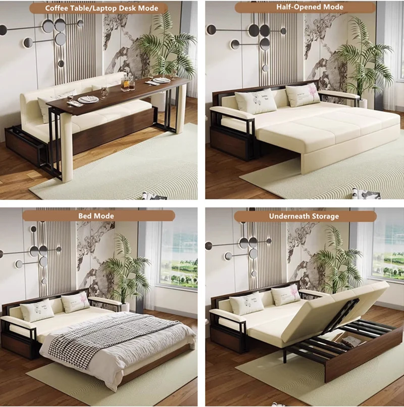 Canapé-lit multifonction avec bureau de travail pliable et rangement inférieur