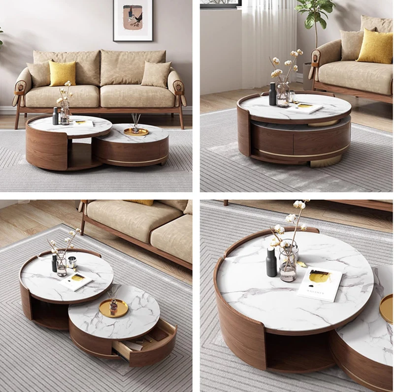 Table basse gigogne double ronde avec tiroir et plateau en marbre