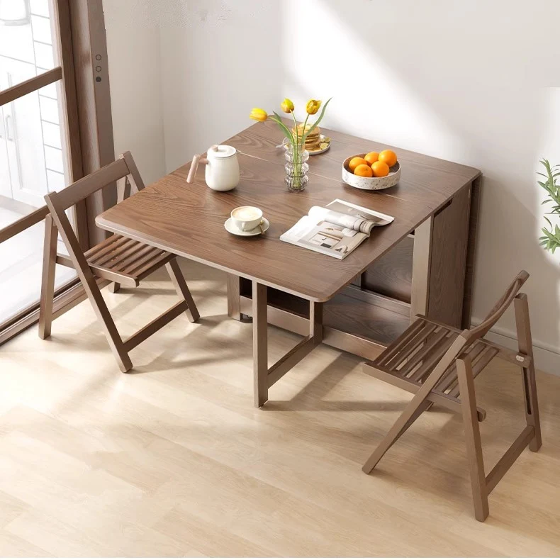 Table de salle à manger à double abattant en bois de chêne massif de 55 po et 67 po avec chaises