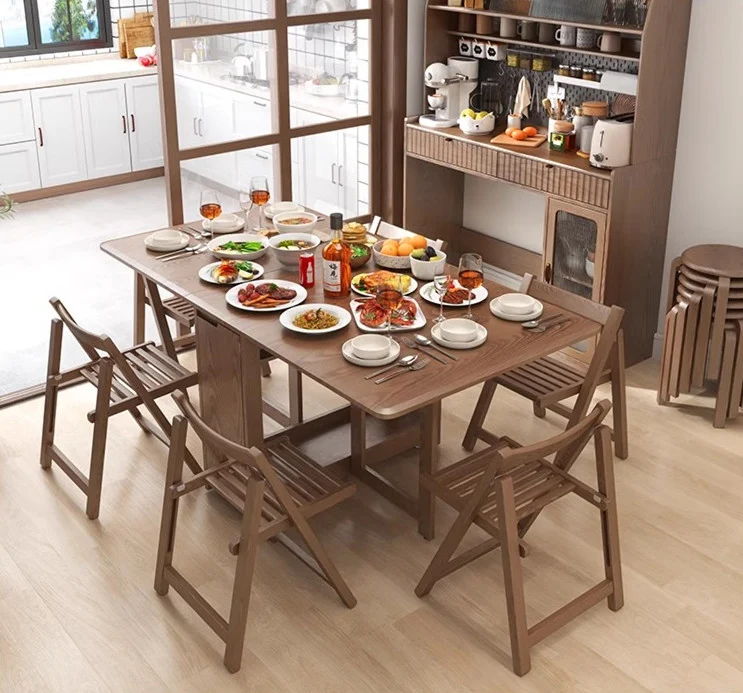 Table de salle à manger à double abattant en bois de chêne massif de 55 po et 67 po avec chaises